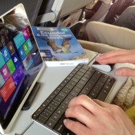 An Acer tablet being used as a desktop PC on a flight to the Galapagos Islands.